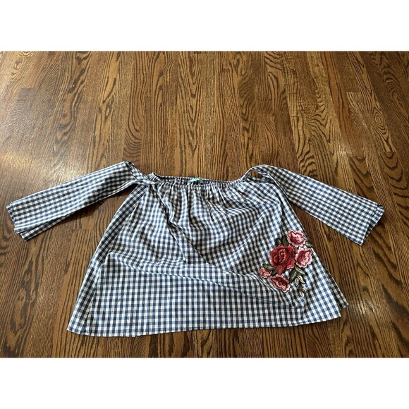 Karlie Off Shoulder Blue Gingham Top 100% Cotton Embroidered Rose Size Small - Picture 4 of 9